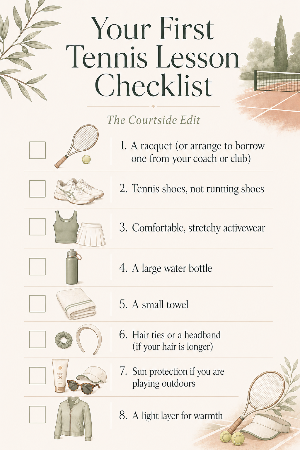 Printable beginner tennis lesson checklist with what to wear, what to pack, and what to bring to a first tennis lesson.