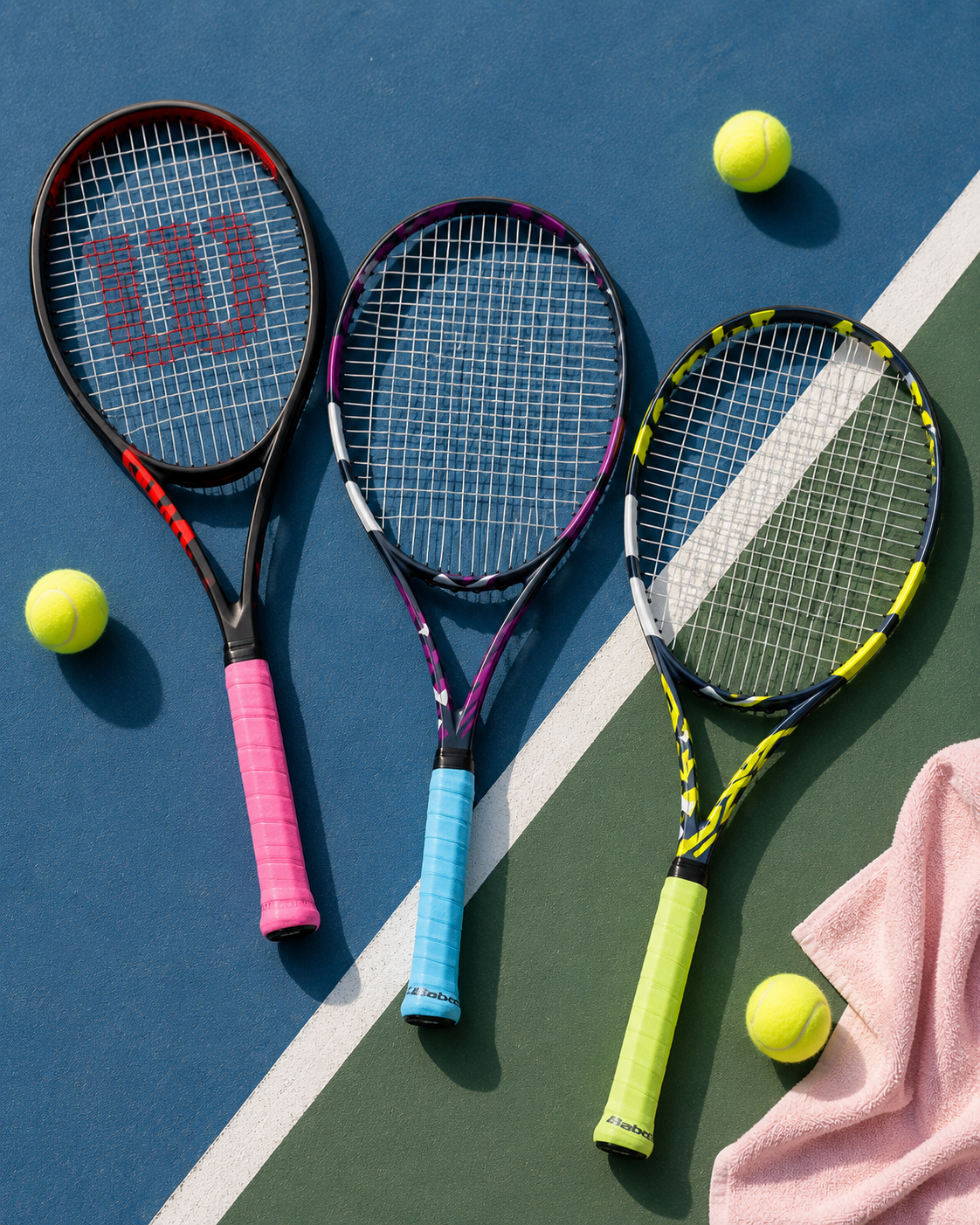Editorial flat lay of beginner tennis racquets with tennis balls on a court-inspired background.