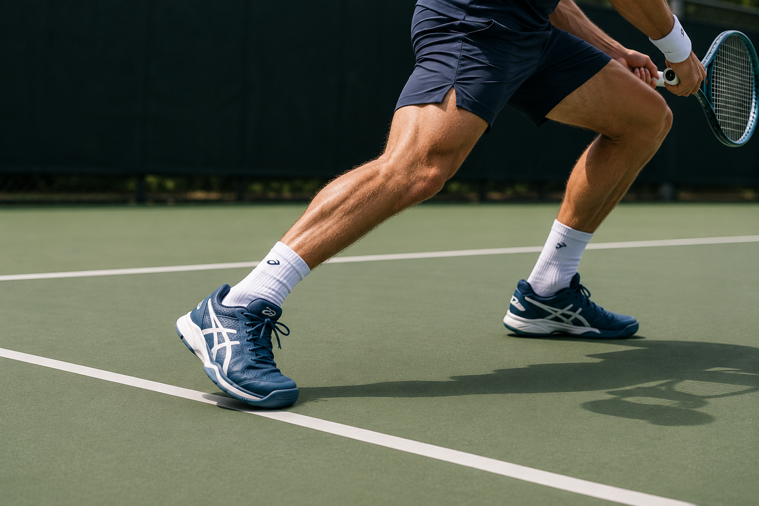 Beginner tennis player practicing side-to-side footwork on court.