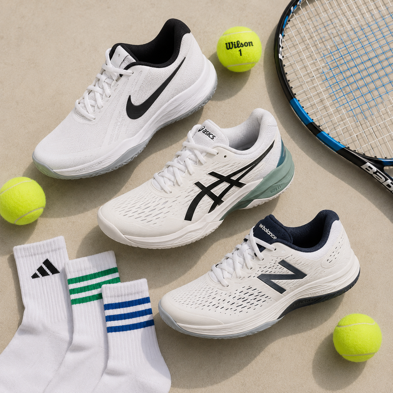 Beginner-friendly tennis shoes arranged with socks, tennis balls, and racquets.