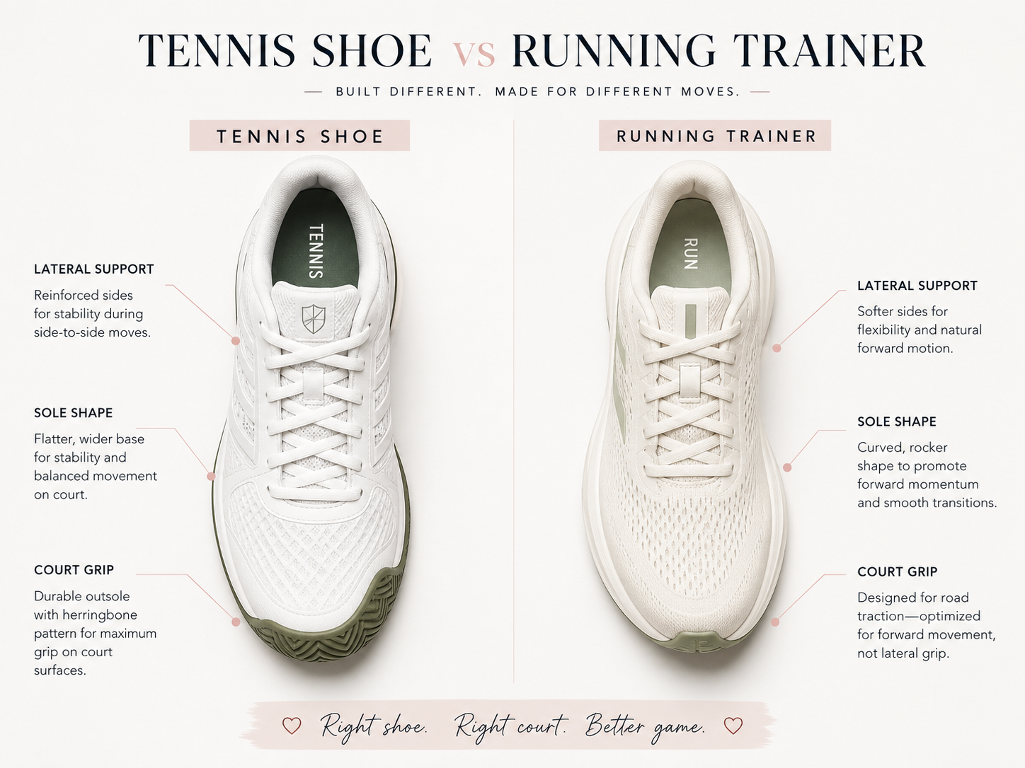Side-by-side comparison graphic of tennis shoes and running trainers for beginners.