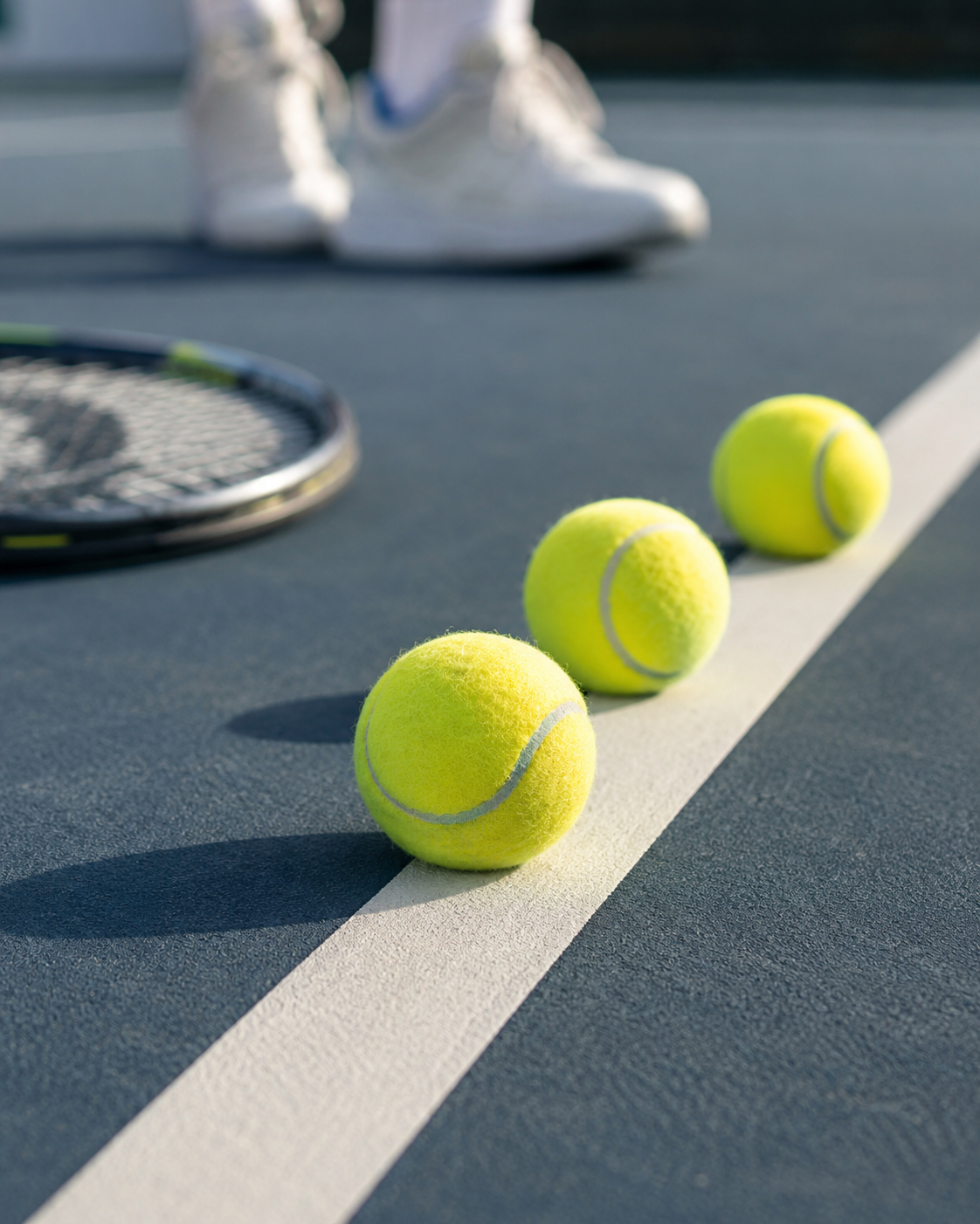Tennis balls resting near the sideline of a tennis court.