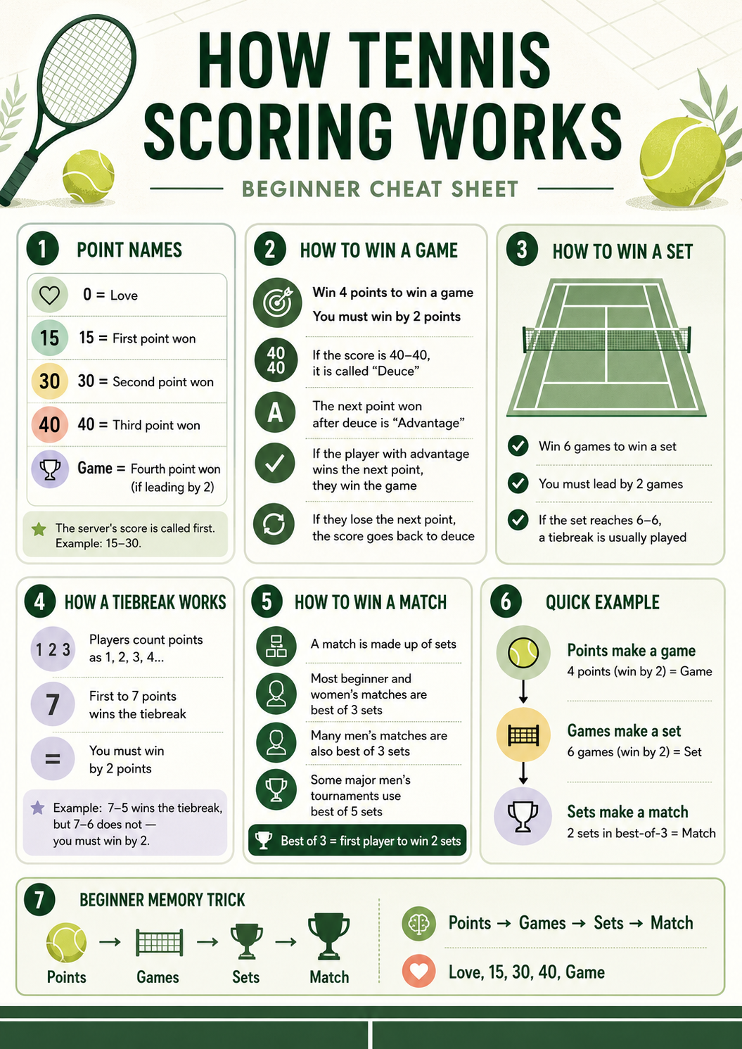 Tennis scoring cheatsheet for beginners showing how points, games, sets, deuce, advantage, and tiebreaks work in tennis