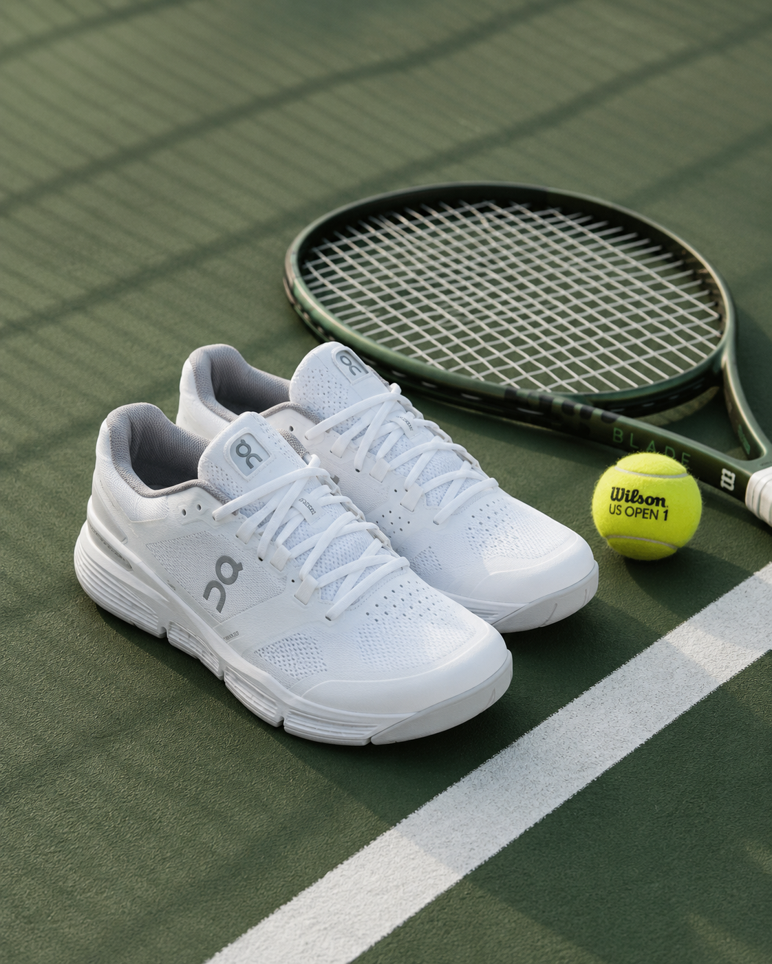White tennis shoes on a tennis court beside a racquet and tennis ball.