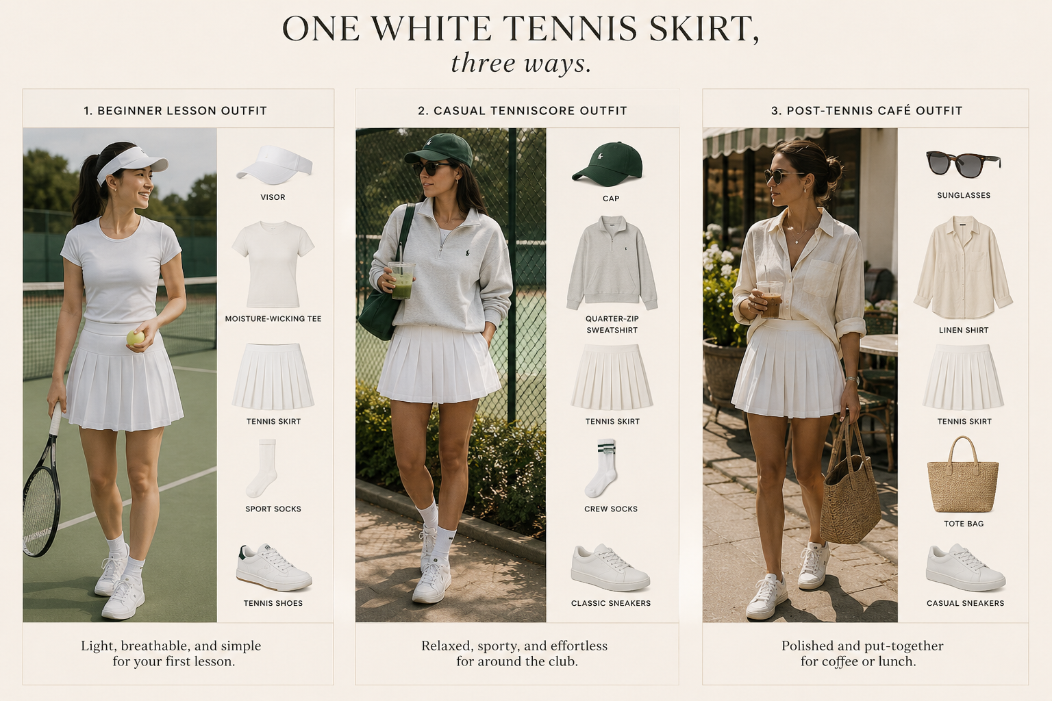 Different ways to wear a white tennis skirt for beginner tennis outfits