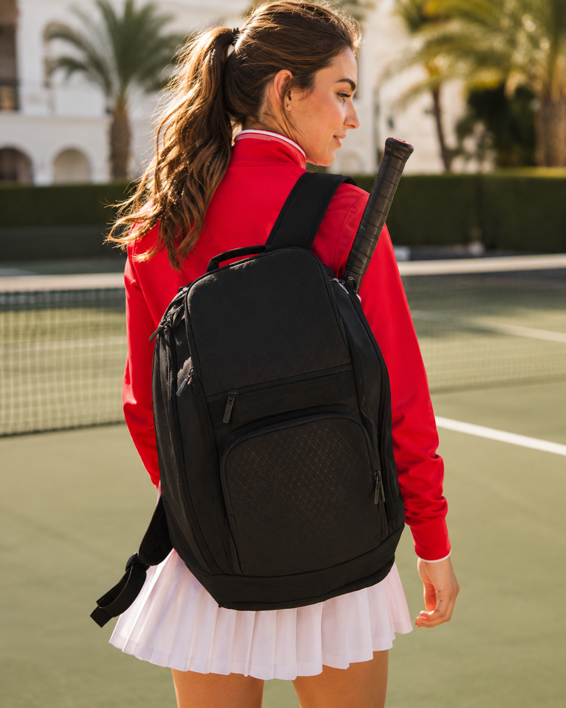 Beginner tennis player carrying a tennis backpack with racquet on court