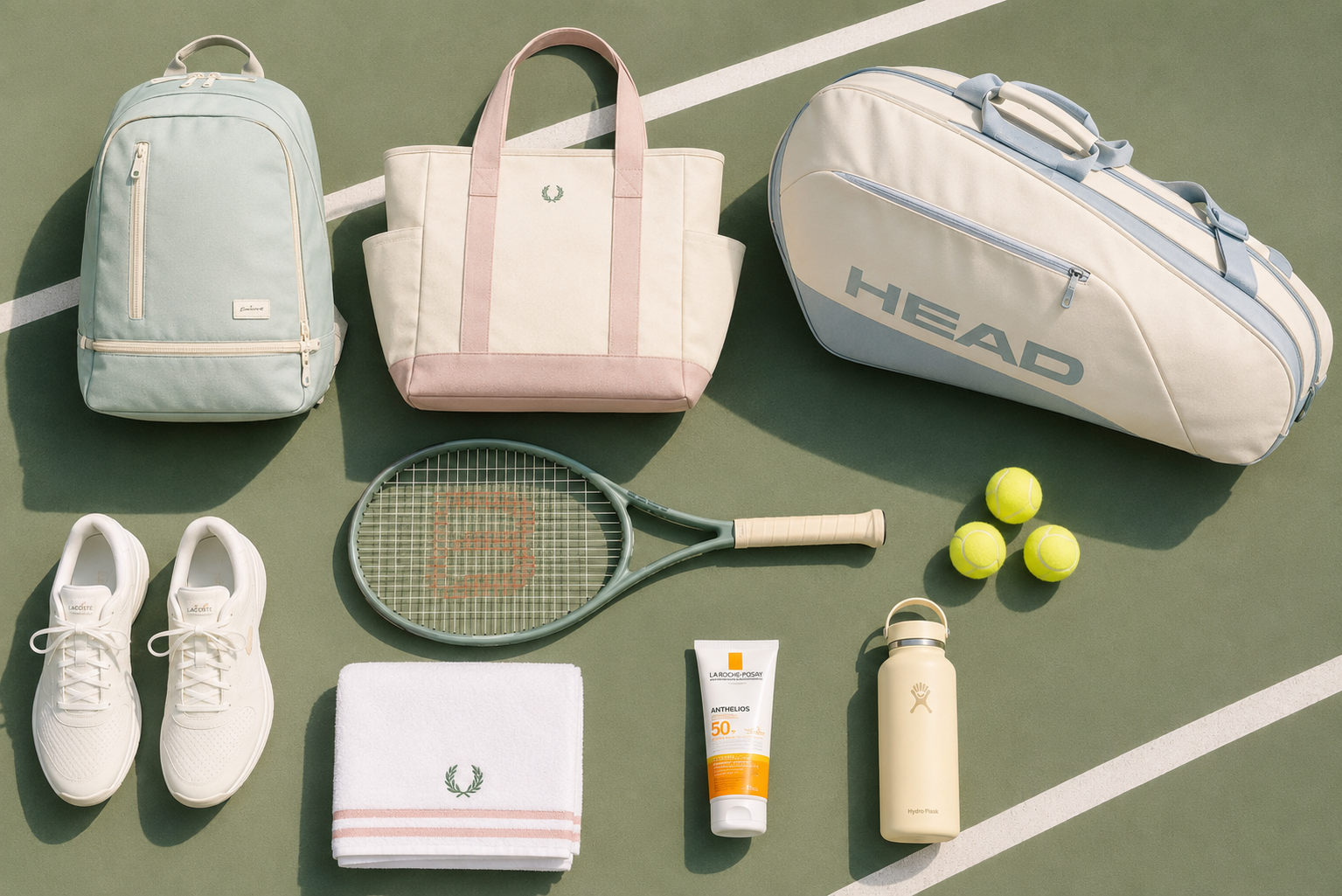 Best tennis bags for beginners flat lay with tennis backpack tote racquet bag and tennis essentials