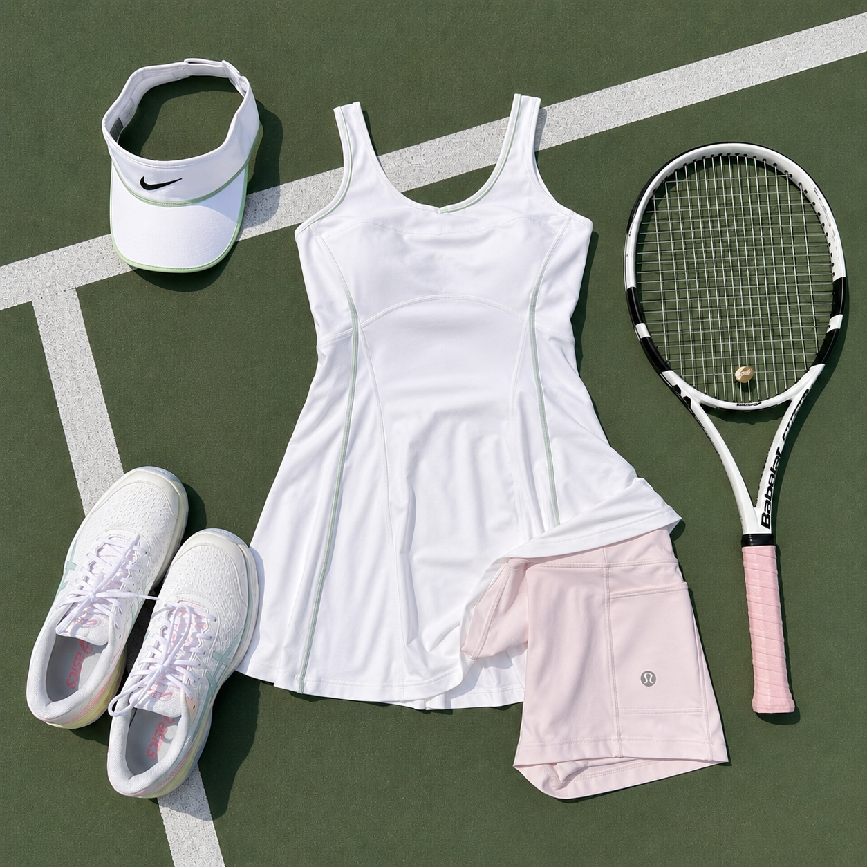 White tennis dress flat lay with tennis shoes visor and racquet