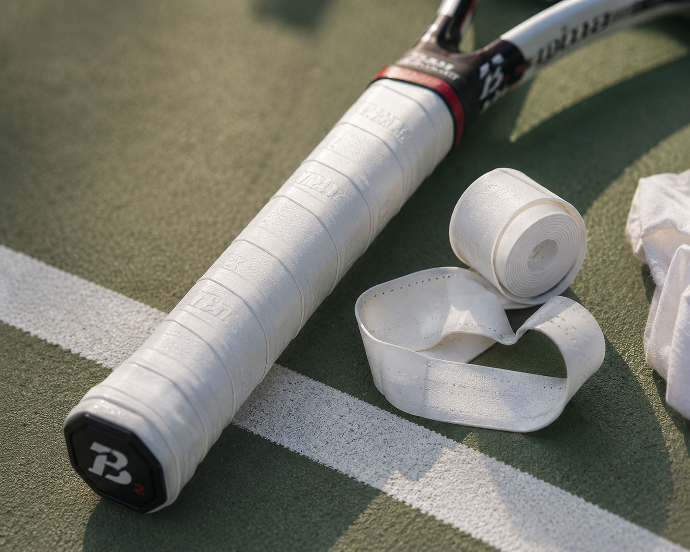 Tennis overgrip wrapped around a racquet handle showing how a fresh overgrip improves grip and comfort for beginner tennis players — best tennis overgrip for beginners