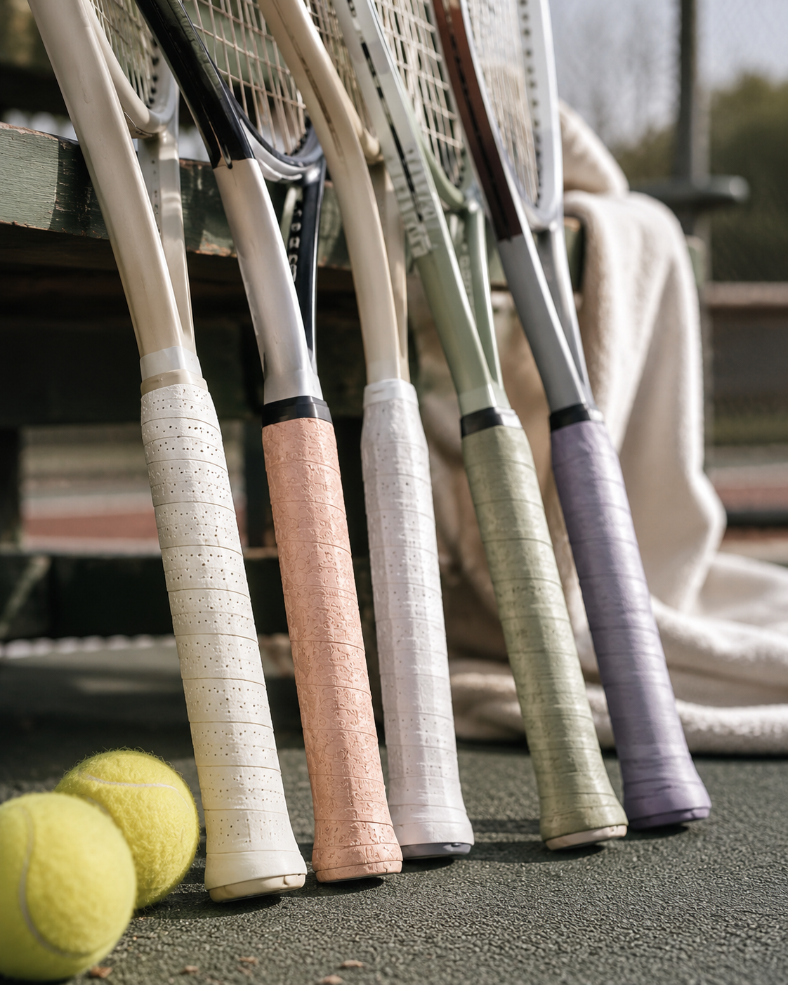 Tennis racquet handles wrapped with fresh white overgrips showing how a tennis overgrip improves grip comfort and security for beginner tennis players