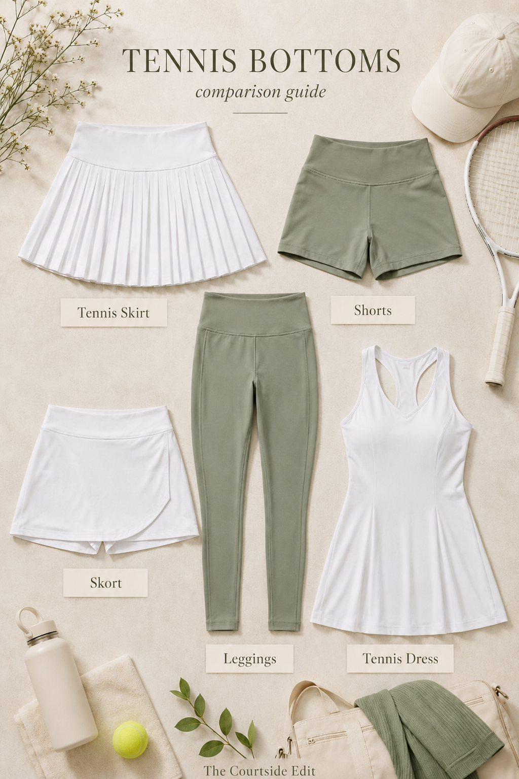 Beginner tennis bottoms comparison showing skirts, shorts, and leggings.