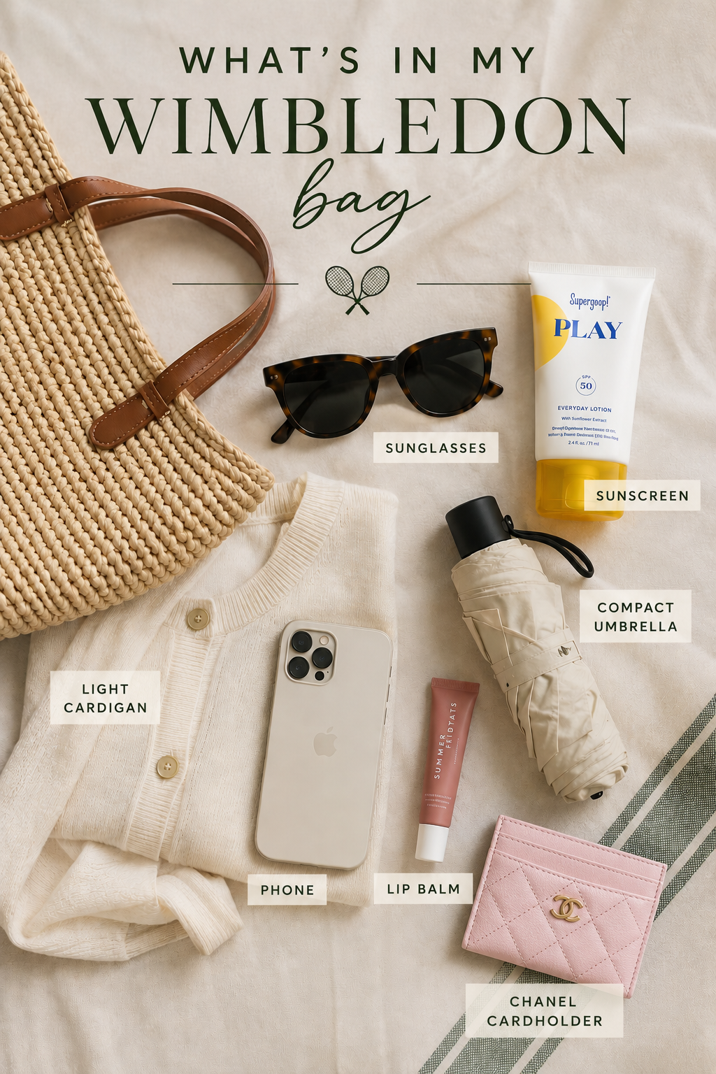 What is in my Wimbledon bag flat lay with sunglasses, sunscreen, compact umbrella, light cardigan, phone, lip balm, and pale pink cardholder.