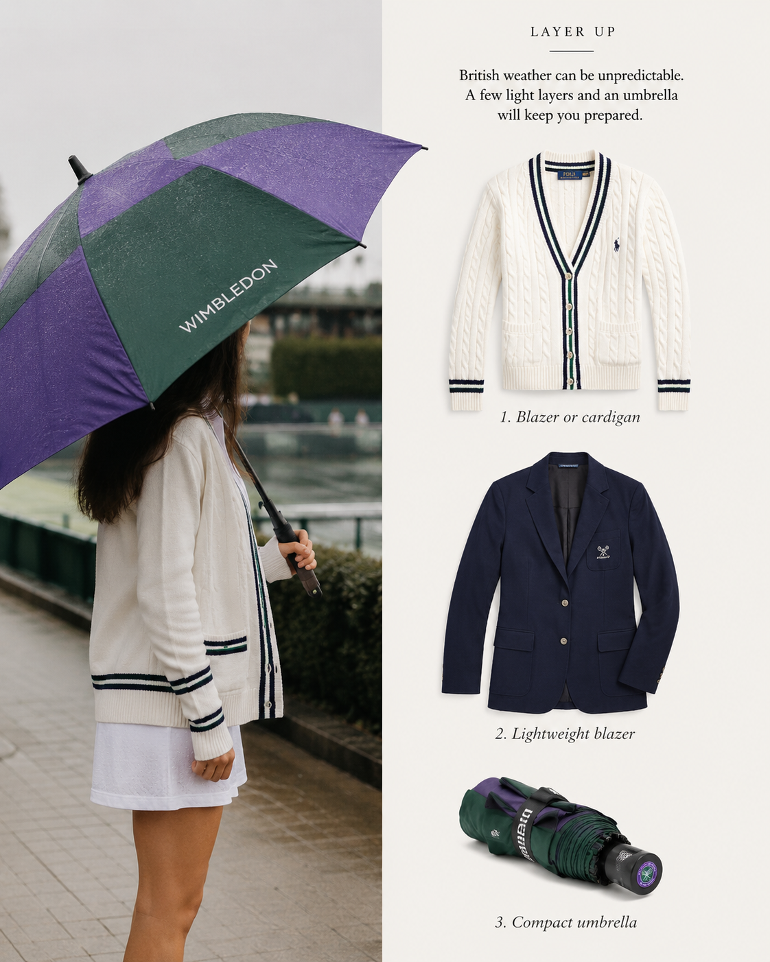 Wimbledon layering guide with a cardigan, lightweight blazer, and compact umbrella for unpredictable British summer weather.