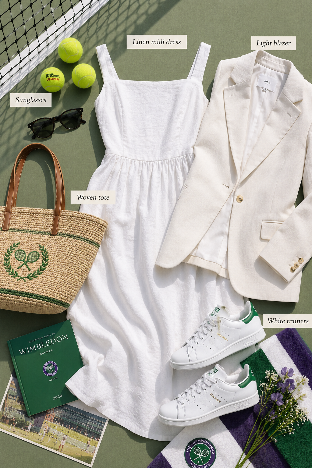 Wimbledon spectator outfit flat lay with a white linen midi dress, light blazer, woven tote, sunglasses, and white trainers.