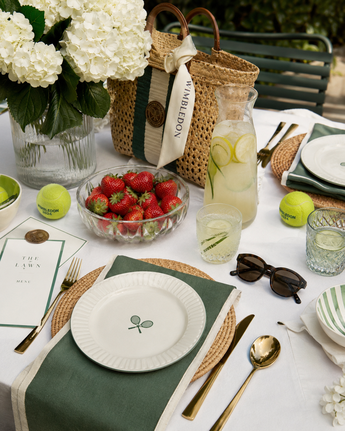 Wimbledon inspired tennis tablescape with strawberries, green details, flowers, and elegant summer drinks