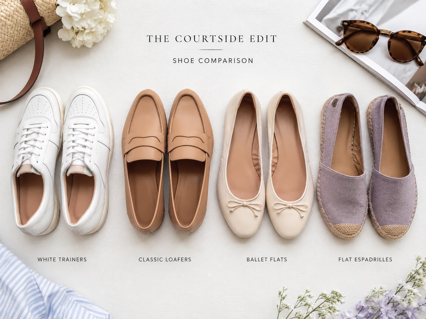Wimbledon spectator shoe guide showing white trainers, loafers, ballet flats, and flat espadrilles.