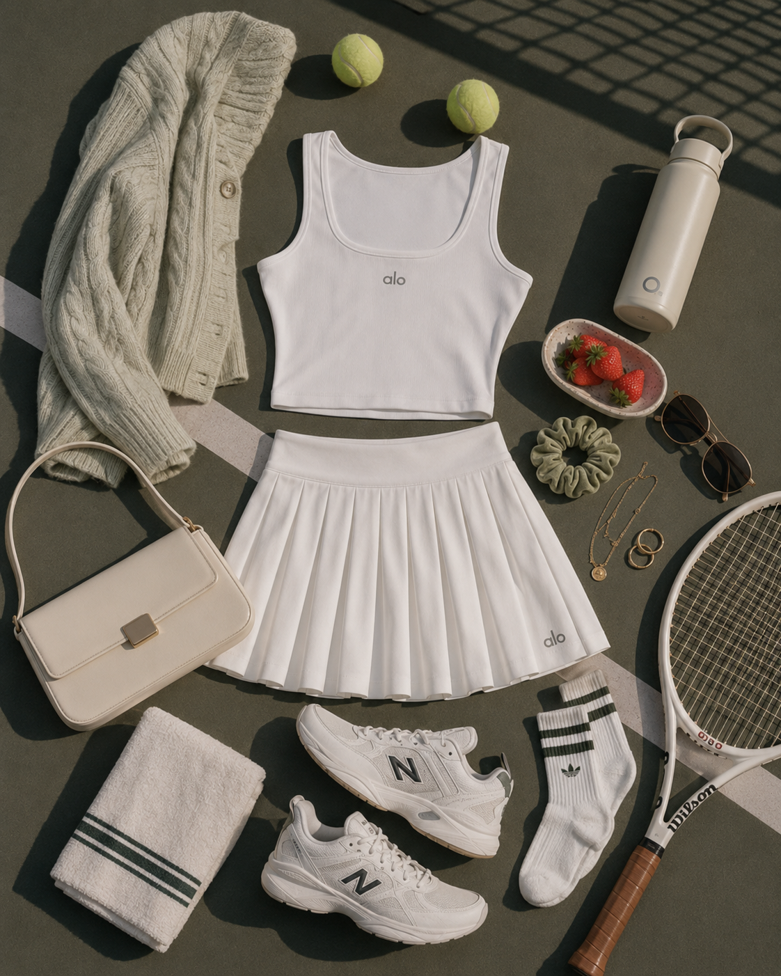 Tennis court with Wimbledon aesthetic, white lines, green grass, clean and elegant